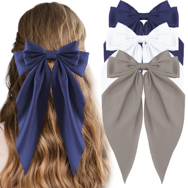 CAVETEE 3 Pcs Big Hair Bows for Women, Silky Satin Hair Bows Accessories Hair Ribbons Oversized Long Tail Hairbows Bow Hair Clips for Woman and Girls (White/Gray/Navy Blue)