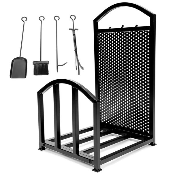 Fireplace Log Holder 1 Layer Iron Fire Wood Rack with 4 Firepit Tools Set