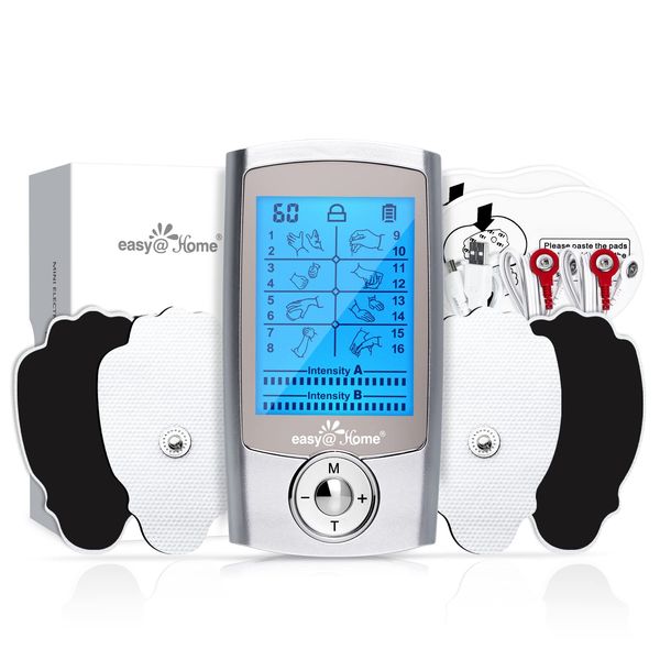 TENS Machine for Pain Relief - Easy@Home Dual Channel TENS Unit + Muscle Stimulator with 16 Modes and 2"x3" Pads – for Back, Sciatica, Leg, Muscle and Joint Pain Relief