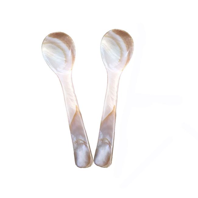 Dohuge 3.7 inch Mother of Pearl MOP Caviar Spoon W Round Handle, 2 pack, Coffee Color