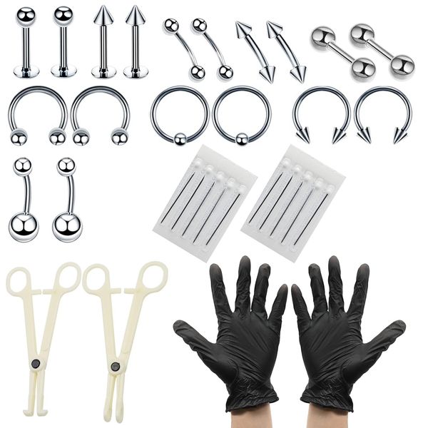 42Pcs Set Professional Body Piercing Tool Kit, Stainless Steel with Clamp Gloves Piercing Needle Tool Kit for Lip Stud Eyebrow Earring Navel Ring Full Body Piercing (Silver)