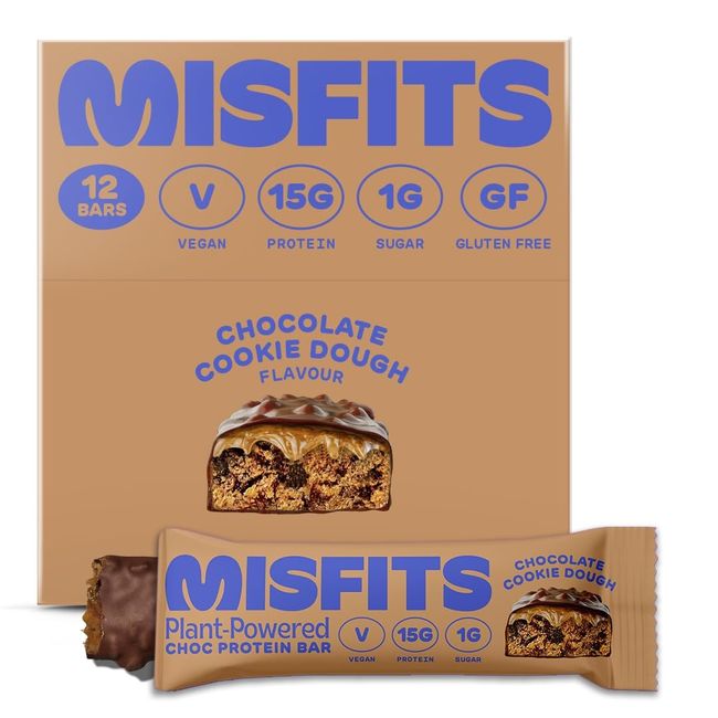 Misfits Vegan Protein Bar, High Protein, Low Sugar, Gluten Free, Plant Based Protein Bar, 12 Pack (Cookie Dough)