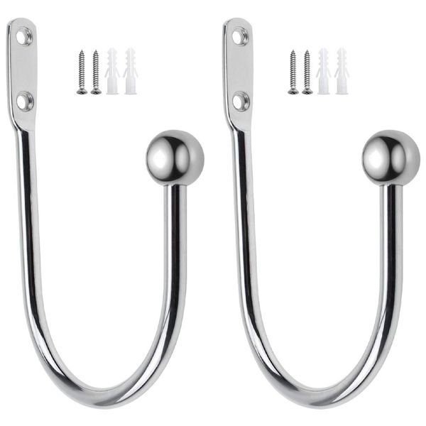 DXLing 2 Pieces Metal Curtain Holdback Decorative Curtain Drapery Holdbacks Arms Wall Mounted Curtain Tie Backs Drapery Holdbacks Hooks with Screws for Fixed Curtain and Hanging Clothes (Chrome)