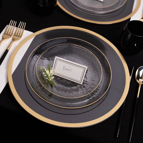 PLASTICPRO 64 Piece Combo Plates Set includes 32 7'' inch Plates & 32 9'' inch Plates Clear Plastic Organic Hammered Design Party Plates With Gold Rim, Premium heavyweight Elegant, Dishes,