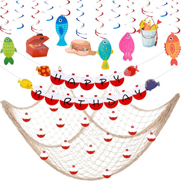 Sratte 33 Pcs Gone Fishing Party Supplies, Include Hanging Swirls Happy Birthday Banner, Fishing Float and Bobbers, Fish Net for Gone Fishing Birthday Shower Fisherman Party Decoration