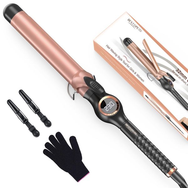 Lockenstab 32mm BESTOPE PRO 32mm, Lockenstab Große Llocken, Multi-Temperatur, Verlängerung Design Hair Curler, Schnelle Heizung Lockenstab, Lockenstäbe mit Großem LCD-Display, mit Klemme und Handschuh