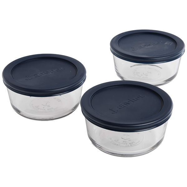 Anchor Hocking Round Glass Food Storage Containers with Blue SnugFit Lids, (BPA free, glass tempered tough for oven, microwave, fridge, and freezer), Clear Glass, Blue Lids, 2 Cup (Set of 3)