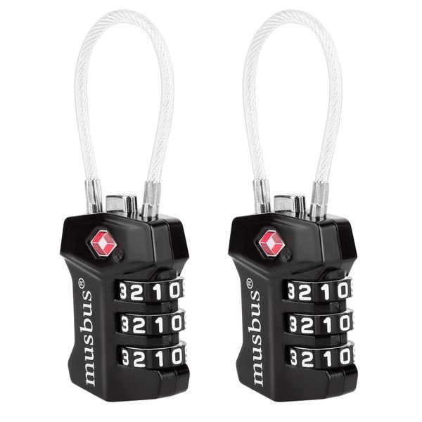 MUSBUS 2Pk TSA Approved Luggage Lock, Travel Suitcase Combination Lock, Small Wire Lock Cable with Code, Travel Essentials Alloy TSA Locks for Backpack, Gun Case, Bag, Purse, Tent, Camping Zipper