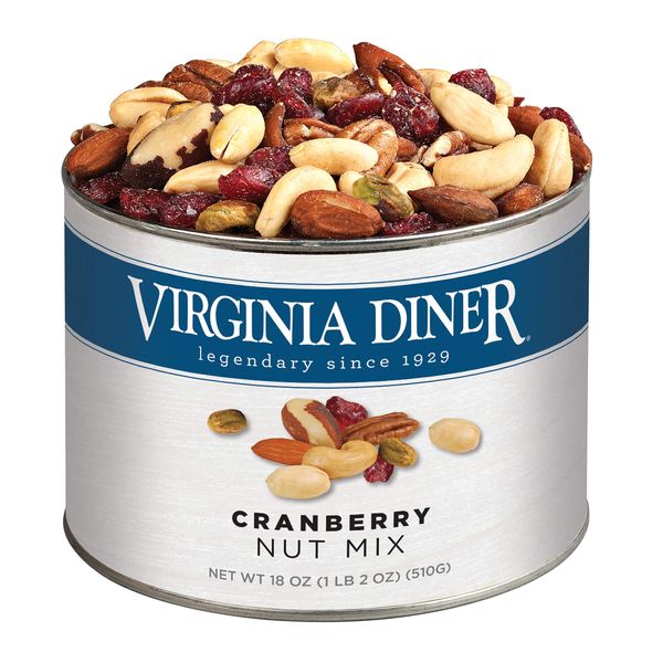 Virginia Diner - Gourmet Natural Cranberry Nut Mix (Virginia Peanuts, Almonds, Cashews, Pecans, Pistachios, Brazil Nuts, & Dried Cranberries), 18 Ounce Tin