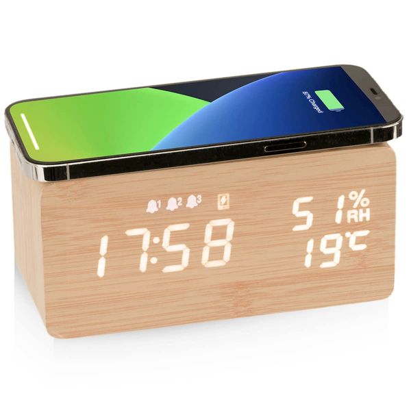 Alarm Clock, Desktop, Digital, Multi-functional, Wood, Qi Wireless Charger, Snooze, Temperature, Humidity, Alarm, Brightness Adjustment, USB Power, Technical Compliance, Qi Cert. (Bamboo Color)