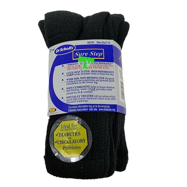 Dr. Scholl's Sure Step Diabetic Socks Non-Binding Top Black Cool Max 2-Pairs NEW