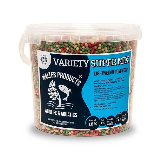 Walters Variety Super Mix (5L Tub) | Pond Fish Food for Goldfish, Koi and all Cold Water Pond Fish | Nutritional Floating Fish Food Pond Pellets and Sticks in Stay Fresh EasyTubs