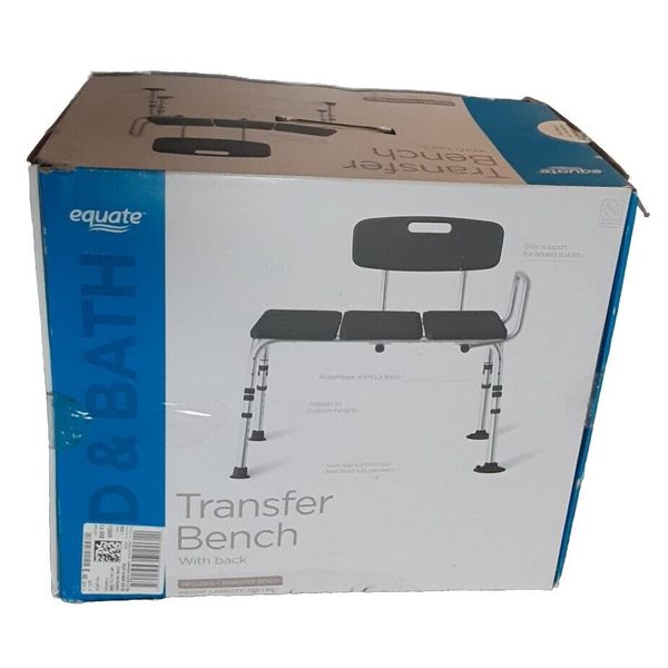 Equate Transfer Bench W/Back Rest, Shower Bench, Black, 350lb, Adjustable NIB