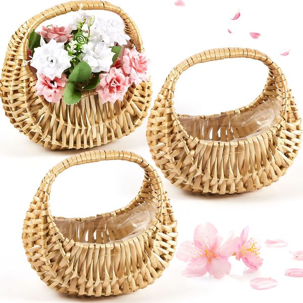 Rattan Basket Half Moon Wicker Basket Willow Straw Basket Small Woven Basket with Handle Wedding Flower Girl Baskets Sturdy Picnic Basket for Garden Storage Home Decor (3 Pcs)