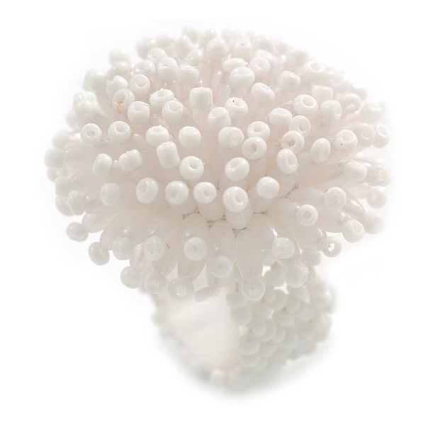 40mm Diameter/White Acrylic/Glass Bead Daisy Flower Flex Ring - Size M