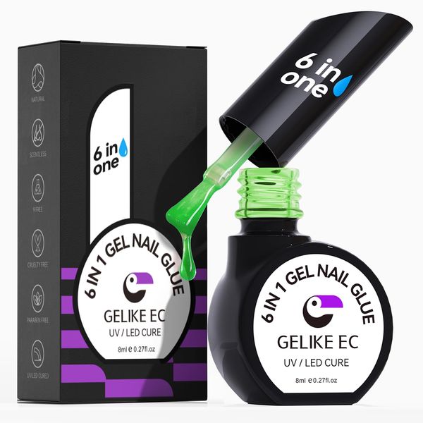 Summer Jelly Green Gel Nail Glue: Gelike ec 6 in 1 Adhesive for Acrylic Nail Tips, Press ons, Base Nail Polish Vacation Beach Wedding Party Manicure DIY at home