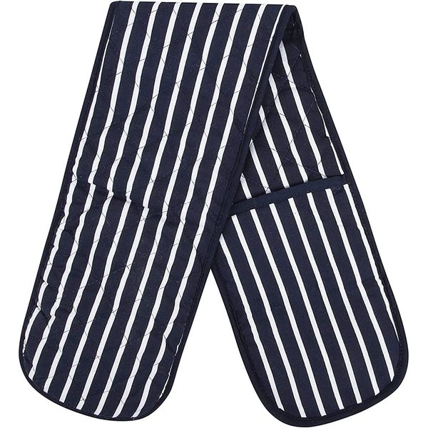 Double Oven Gloves Butcher Quilted Stripe Heat Resistant Oven Mitts Pot Holder Heat Resistant Mitt 100% Cotton For Baking and Cooking Navy Oven Gloves