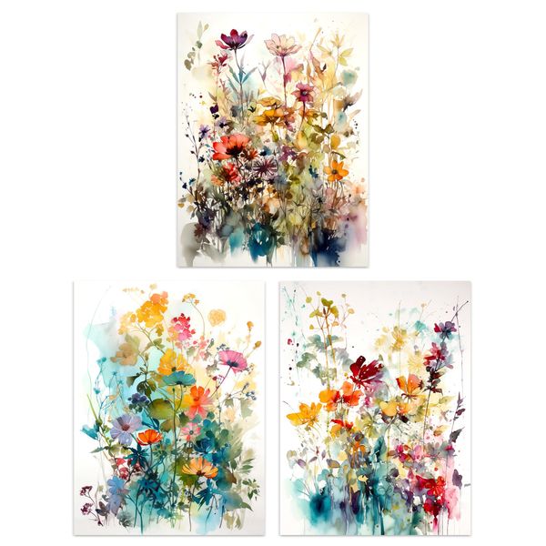 Artery8 Set of 3 A4 Wildflowers Colourful Watercolour Floral Artworks Spring Flower Field Unframed Wall Art Living Room Poster Prints Pack