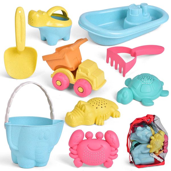 FUN LITTLE TOYS 9 PCs Beach Sand Toys Set, Beach Bucket, Watering Can, Truck Car, Animals Sand Molds and Mesh Bag, Sandbox Toys Kids Boys and Girls, Snow Outdoor Toys, Funny Bath Toys Birthday Gifts