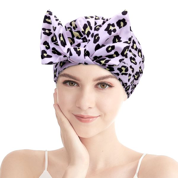 Shower Cap for Women - Waterproof Reusable Shower Hair Caps Adjustable Bow Bath Caps with Elastic Band for Ladies Girls Bathing Spa(Pink Leopard)