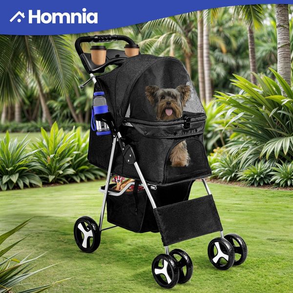 Foldable Pet Dog Stroller Light Weight Travel Carriege 4 Wheels with Cup Holders