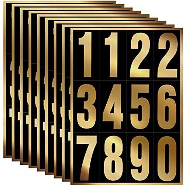 96 Pieces 8 Sets Vinyl Mailbox Numbers Sticker Reflective 3 Inch Gold in Black