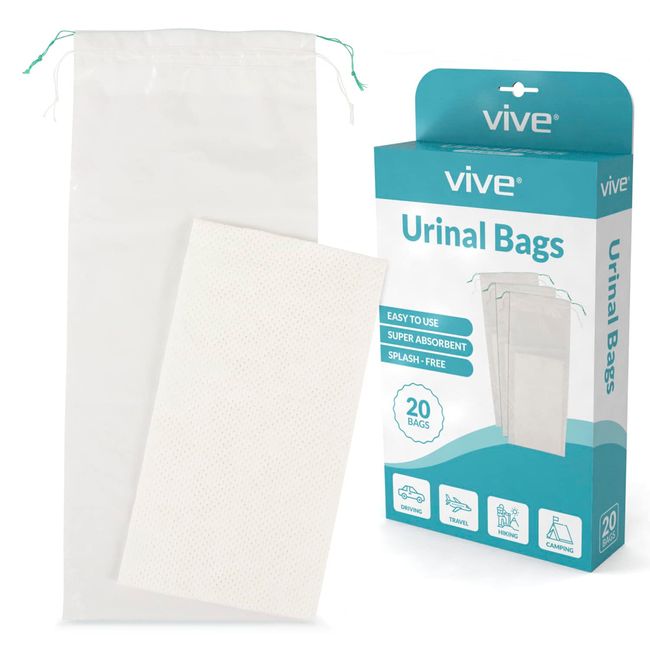 Vive Disposable Urinal Bags (20 Count) - Incontinence Pee Bladder for Men - Portable Urine Collection Drainage Sleeve Pad - Medical Grade Liner for Travel, Bed, Camping - Plastic Relief John