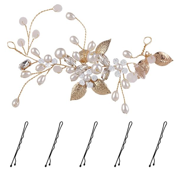 KINDOYO Bride Hair Headbands Accessories - Wedding Flower Headband Bridal Bridesmaid Hair Pieces Hair Clip Pearl Rhinestone Hair Vine for Women and Girls - Gold