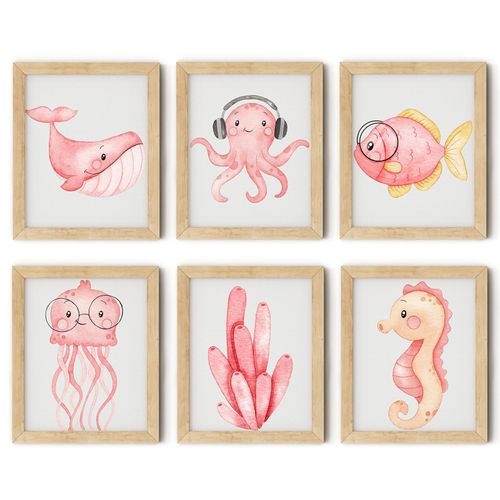 ZZJYYC Ocean Nursery Wall Art Pictures Pink Watercolor Nautical Canvas Art Poster Beach Animal Wall Decor Paintings Sea Whale Jellyfish Seahorse Prints for Baby Kids Room 8x10 Inch Set of 6 Unframed