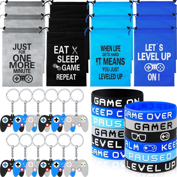 Shappy 36 Pieces Includes Video Game Bracelets Wristbands Gaming Party Bags with Drawstring Game Controller Keychains for Video Game Birthday Party Favors Supplies