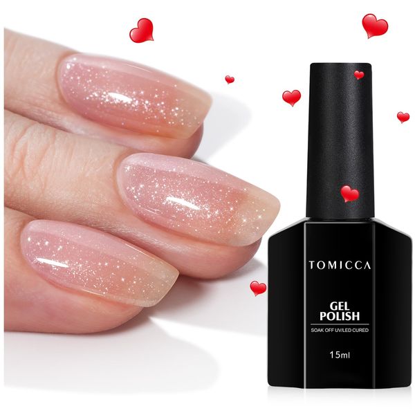 TOMICCA Glitter Gel Nail Polish Nude Pink Shimmery Neutral Jelly Color Gel Polish Sparkle Pink Nail Gel Soak off UV LED Cured for Home Salon DIY Nail Art-GB111