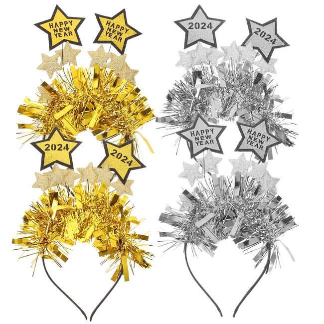 minkissy 4pcs 2024 Happy New Year Headband Glitter Star Boppers Tiara with Tinsel New Years Eve Headpieces for Women