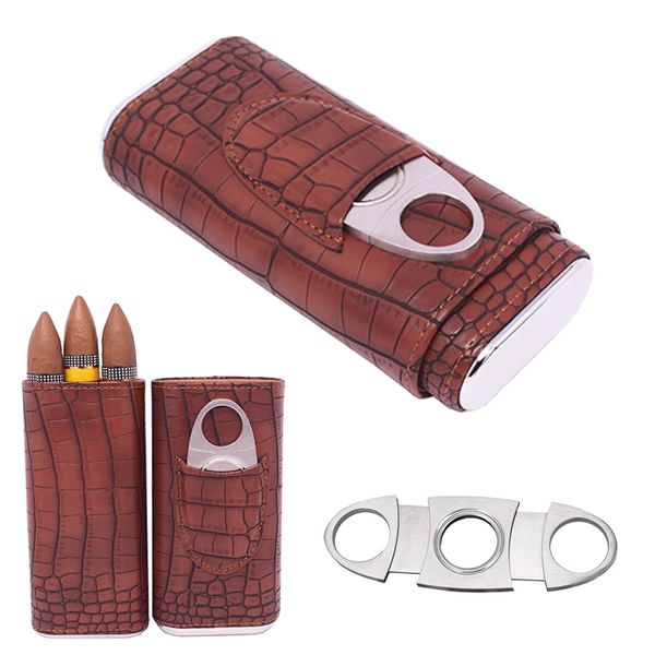 AMANCY 3 Holder Elegant Vintage Style Crocodile Pattern Leather Cigar Case with Cedar Wood Lined,including Cigar Cutter