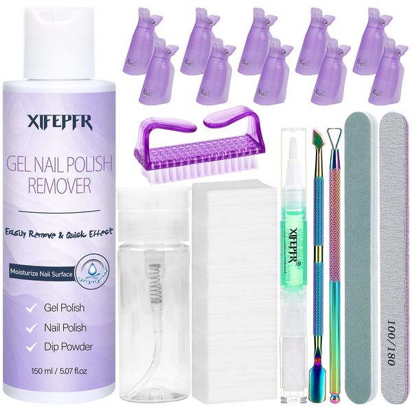 XIFEPFR Gel Nail Polish Remover Kit, 5.07fl.oz Gel Polish Remover, 10pcs Nail Polish Remover Clips, 500PCS Cotton Pads, Pump Bottle, Nail File Buffer Cuticle Peeler Pusher, Soak Off Gel Polish Remover