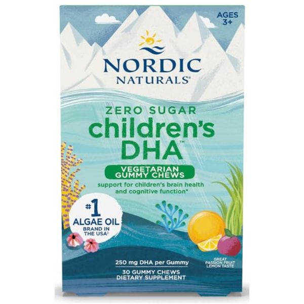 Nordic Zero Sugar Children’s DHA Vegetarian Gummy Chews - Passion Fruit Lemon Flavor - Vegan Algae Oil Omega-3 Supplement for Kids Brain & Cognition Support - 30 Gummies