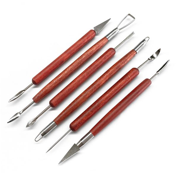 Clay Sculpting Tools, 6 PCS Double-Ended Stainless Steel Polymer Clay Tools, Wooden Handle Pottery Tools for Embossing, Carving Tools and Supplies