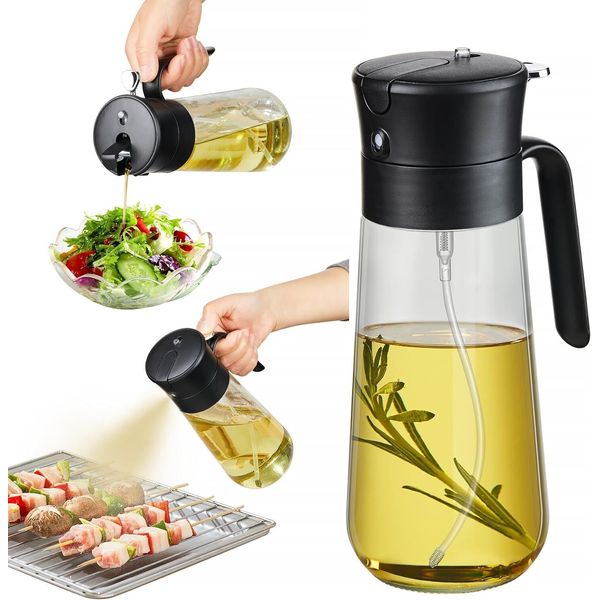 Glass Olive Oil Dispenser Bottle & Oil Sprayer Bottle 2 In 1 Auto Flip Cap 18oz