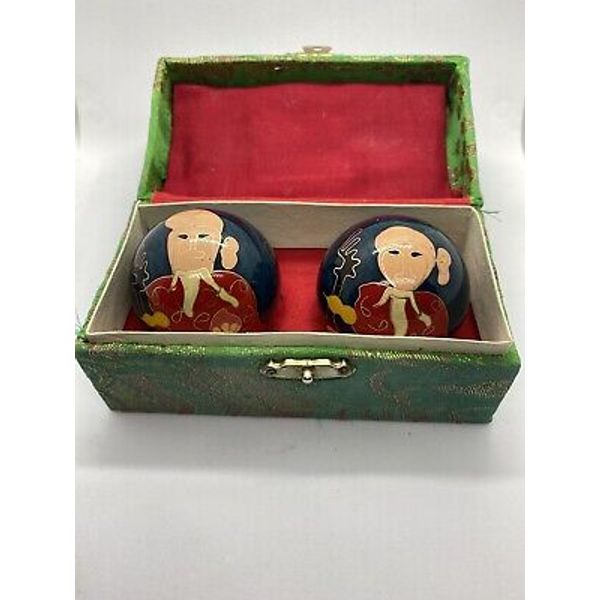 Vintage Chinese Handpainted Stress Ball Massager Set W/ Musical Chimes Wellness