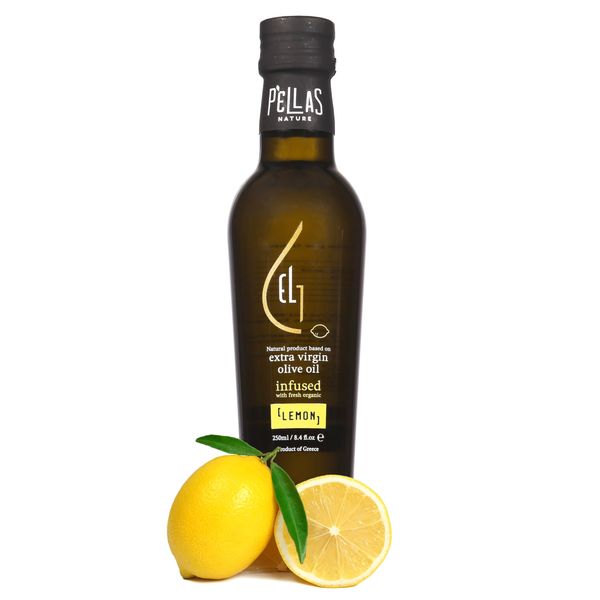 Pellas Nature, fresh organic Lemon infused Greek extra virgin olive oil, gold-award winner, Kosher, 8.5 oz (250 ml) Glass bottle