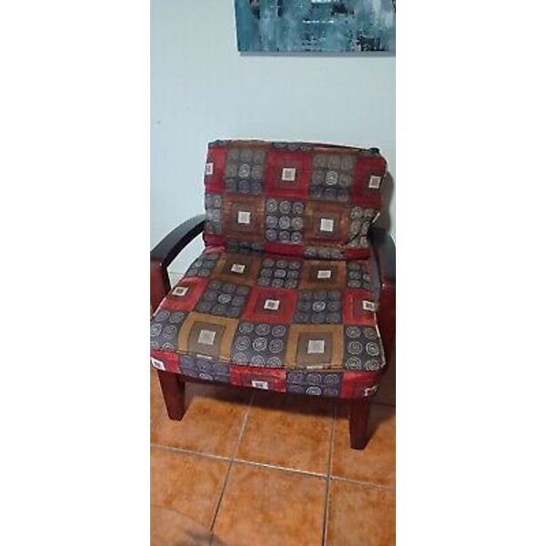 Upholstered Spindle Wood Accent Arm Chair With Red Art Deco Fabric