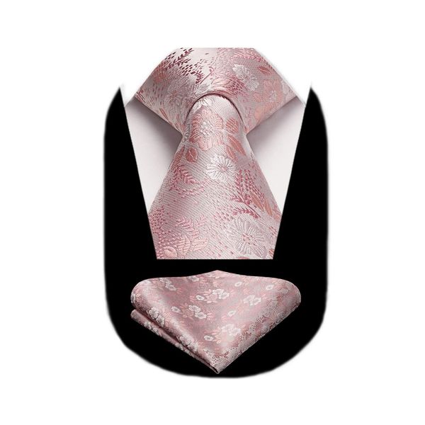 HISDERN Ties for Men Pink Tie and Pocket Square Set Classic Floral Tie Silk Necktie and Handkerchief for Wedding Party Business