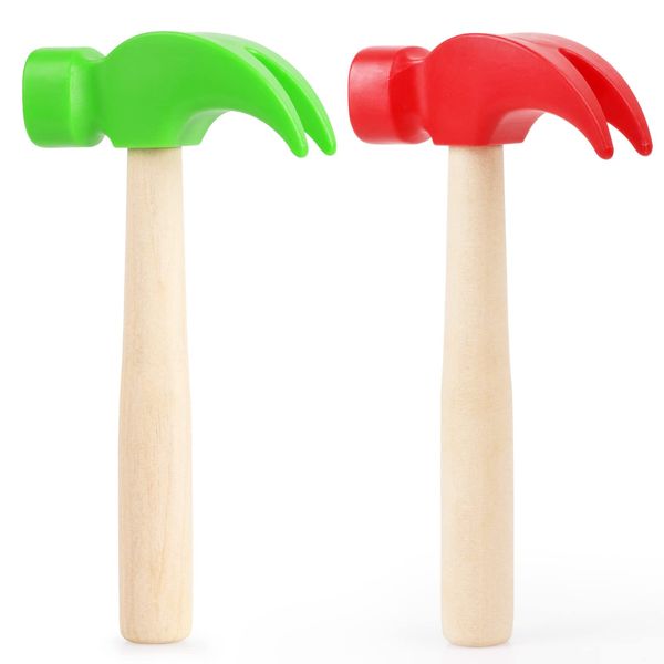 Fowecelt 2 Pack Wooden Hammer Toys Simulation Hammers Maintenance Tools Educational Toys for Kids Birthday Party Games Supplies(Red & Green)