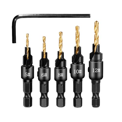 YFFSFDC Countersunk Drill Bit Chamfering for Woodworking Hex Shaft Countersunk Drill Wood Countersunk Hole Screw Drilling Woodworking Drill Set 5# 6# 8# 10# 12# 5pcs Set with L-Shaped Wrench (Gold)