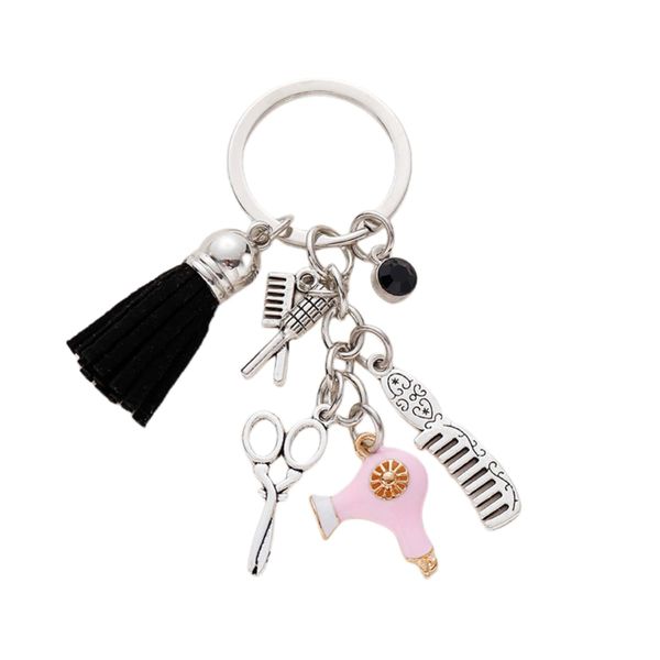 Fuqimanman2020 Comb Scissors Hair Dryer Keychain with Tassel and Black Diamond Charm Hairdresser Hair Stylist Gift Jewelry-Pink