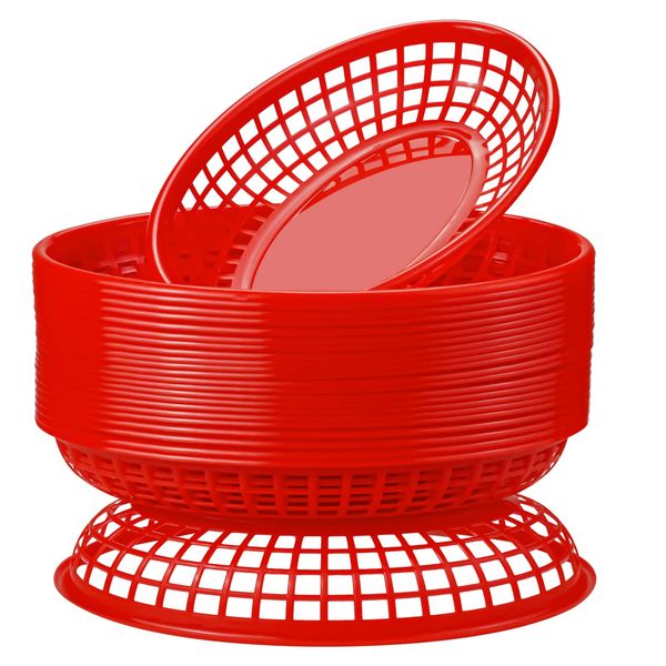 GothaBach 24 Pack Fast Food Baskets, Plastic Fast Food Restaurant Baskets, Bread Fry Baskets Serving Tray for Hot Dogs, Chicken, Burgers, Sandwiches, Fries(Red)