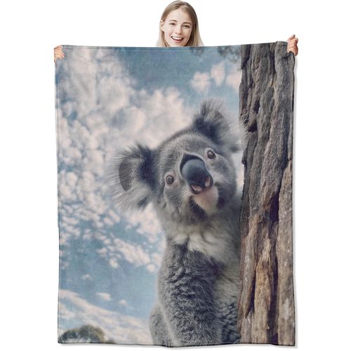 CUEBOS Cute Koala Flannel Throw Blanket 50x60 Inch, Curious Animal on Tree with Blue Sky Blankets Soft Cozy Fleece Throws for Wildlife Lover Bed Sofa Dorm Living Room Home Decor Gifts