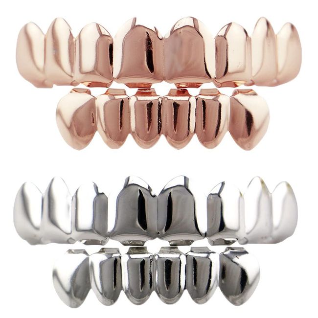 2 Pcs Hip Hop Zähne Set,Goldene Zähne Hip Hop Teeth Grills Gold überzogene Zähne Hip Hop Rapper Glossy Teeth Grills Oben Unten,für die Halloween-Dekoration Verwendet