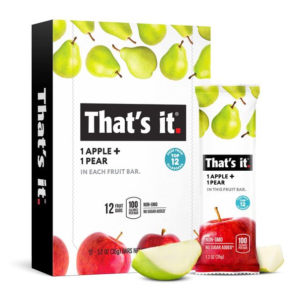 That's it. Apple + Pear 100% Natural Real Fruit Bar, Best High Fiber Vegan, Gluten Free Healthy Snack, Paleo for Children & Adults, Non GMO No Added Sugar, No Preservatives Energy Food (12 Pack)