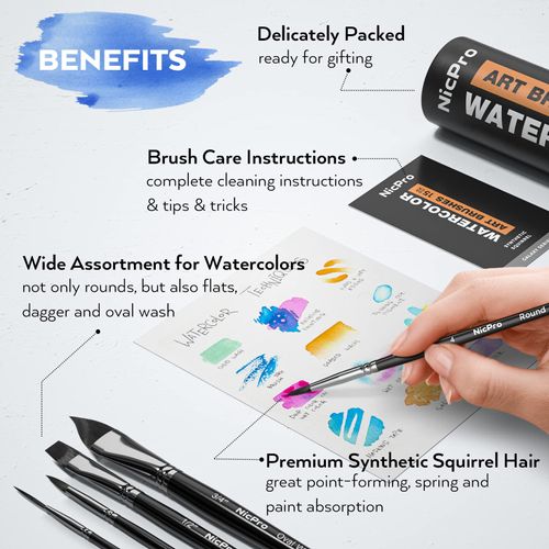 Nicpro 15PCS Watercolour Paint Brush Set, Professional Watercolour Paint Brushes, Soft Synthetic Fine Squirrel Hair, Round, Flat, Dagger,Wash for Adult Artist, Water colour, Gouache, with Holder & Bag