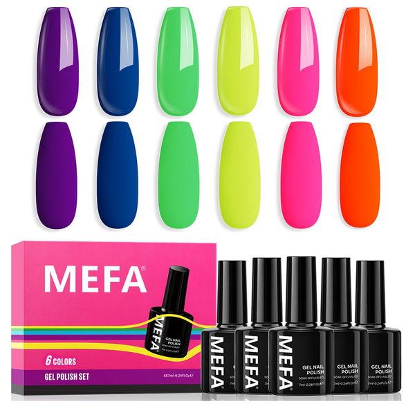 MEFA Neon Gel Nail Polish Set, 6 Colors Neon Colors Gel Polish Set Soak Off UV/LED Nail Gel Set Fluorescent for Spring Summer Party Gifts